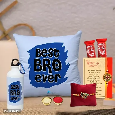 Rakhi Gift for Brother Printed Cushion cover with filler, Shipper bottle, 2 chocolates, Greeting card, Rakhi, Roli, chawal-thumb0