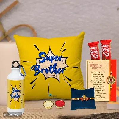 Rakhi Gift for Brother Printed Cushion cover with filler, Shipper bottle, 2 chocolates, Greeting card, Rakhi, Roli, chawal