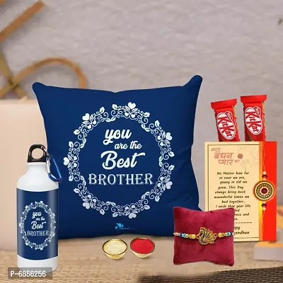 Rakhi Gift for Brother Printed Cushion cover with filler, Shipper bottle, 2 chocolates, Greeting card, Rakhi, Roli, chawal