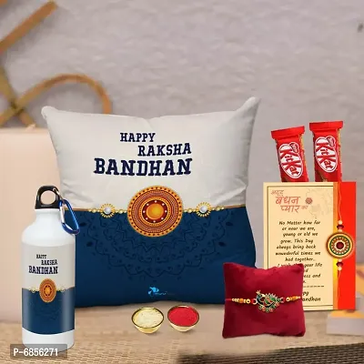 Rakhi Gift for Brother Printed Cushion cover with filler, Shipper bottle, 2 chocolates, Greeting card, Rakhi, Roli, chawal-thumb0