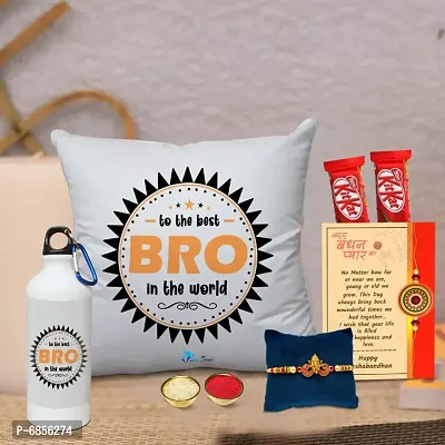 Rakhi Gift for Brother Printed Cushion cover with filler, Shipper bottle, 2 chocolates, Greeting card, Rakhi, Roli, chawal