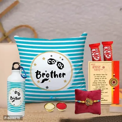 Rakhi Gift for Brother Printed Cushion cover with filler, Shipper bottle, 2 chocolates, Greeting card, Rakhi, Roli, chawal