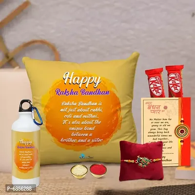 Rakhi Gift for Brother Printed Cushion cover with filler, Shipper bottle, 2 chocolates, Greeting card, Rakhi, Roli, chawal-thumb0