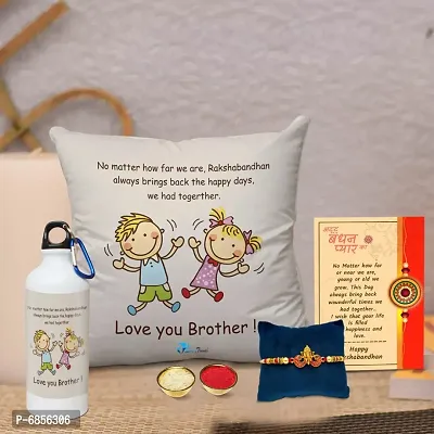 Rakhi Gift for Brother Printed Cushion Cover with Filler, Shipper Bottle, Greeting Card, Rakhi, Roli, chawal-thumb0