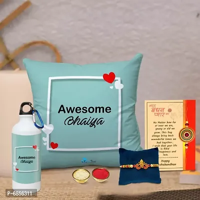 Rakhi Gift for Brother Printed Cushion Cover with Filler, Shipper Bottle, Greeting Card, Rakhi, Roli, chawal