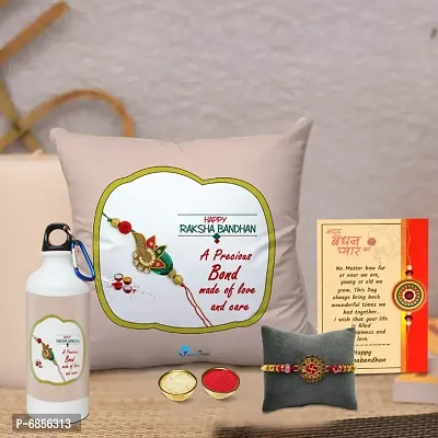 Rakhi Gift for Brother Printed Cushion Cover with Filler, Shipper Bottle, Greeting Card, Rakhi, Roli, chawal