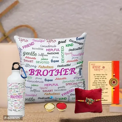 Rakhi Gift for Brother Printed Cushion Cover with Filler, Shipper Bottle, Greeting Card, Rakhi, Roli, chawal-thumb0