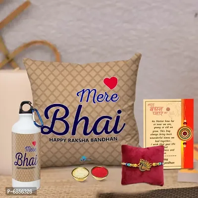 Rakhi Gift for Brother Printed Cushion Cover with Filler, Shipper Bottle, Greeting Card, Rakhi, Roli, chawal