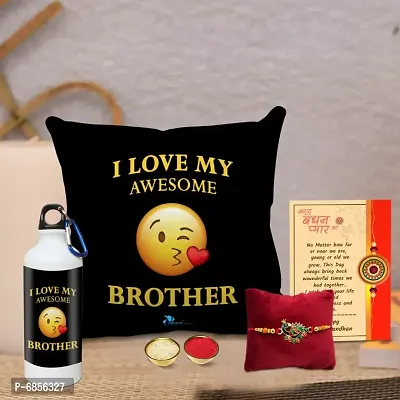 Rakhi Gift for Brother Printed Cushion Cover with Filler, Shipper Bottle, Greeting Card, Rakhi, Roli, chawal