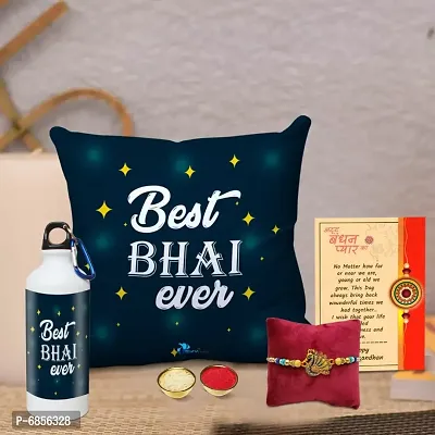 Rakhi Gift for Brother Printed Cushion Cover with Filler, Shipper Bottle, Greeting Card, Rakhi, Roli, chawal