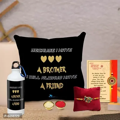 Rakhi Gift for Brother Printed Cushion Cover with Filler, Shipper Bottle, Greeting Card, Rakhi, Roli, chawal-thumb0