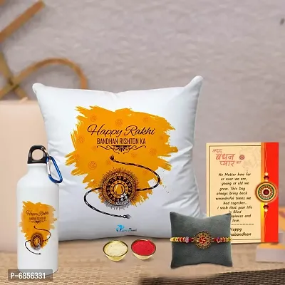 Rakhi Gift for Brother Printed Cushion Cover with Filler, Shipper Bottle, Greeting Card, Rakhi, Roli, chawal-thumb0