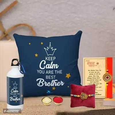 Rakhi Gift for Brother Printed Cushion Cover with Filler, Shipper Bottle, Greeting Card, Rakhi, Roli, chawal-thumb0