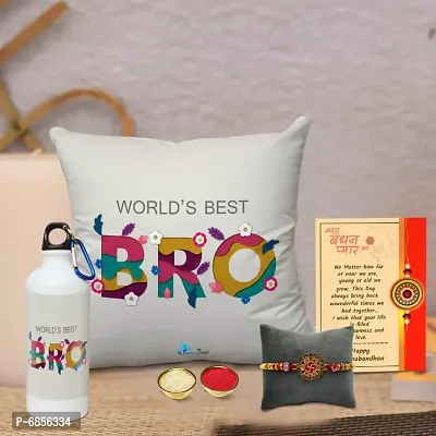 Rakhi Gift for Brother Printed Cushion Cover with Filler, Shipper Bottle, Greeting Card, Rakhi, Roli, chawal-thumb0