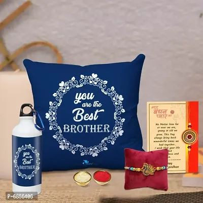 Rakhi Gift for Brother Printed Cushion Cover with Filler, Shipper Bottle, Greeting Card, Rakhi, Roli, chawal-thumb0