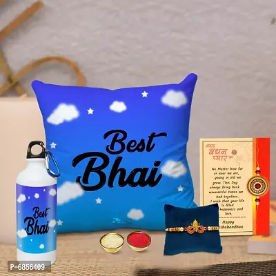 Rakhi Gift for Brother Printed Cushion Cover with Filler, Shipper Bottle, Greeting Card, Rakhi, Roli, chawal-thumb0