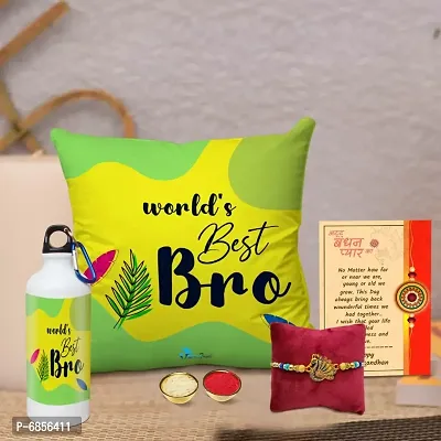 Rakhi Gift for Brother Printed Cushion Cover with Filler, Shipper Bottle, Greeting Card, Rakhi, Roli, chawal-thumb0