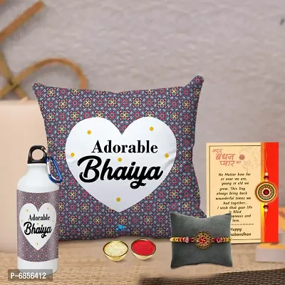 Rakhi Gift for Brother Printed Cushion Cover with Filler, Shipper Bottle, Greeting Card, Rakhi, Roli, chawal-thumb0