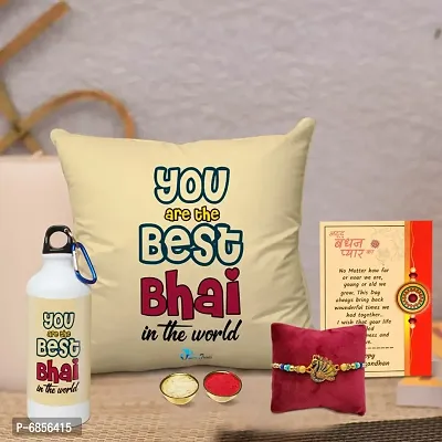 Rakhi Gift for Brother Printed Cushion Cover with Filler, Shipper Bottle, Greeting Card, Rakhi, Roli, chawal-thumb0