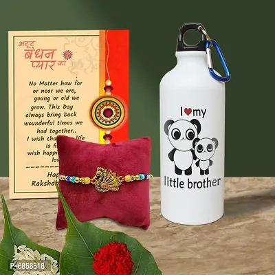 Rakhi Gift for Brother Printed Shipper bottle with Rakhi, Greeting card, Roli, chawal