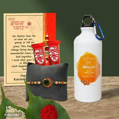 Rakhi Gift for Brother Printed Shipper bottle, 2 chocolates, Greeting card, Rakhi, Roli, chawal