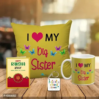 Rakhi Gift for Sister Printed Cushion Cover with Filler, Coffee Mug, Greeting Card, Keychain-thumb0