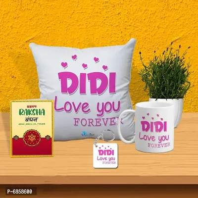 Rakhi Gift for Sister Printed Cushion Cover with Filler, Coffee Mug, Greeting Card, Keychain-thumb0