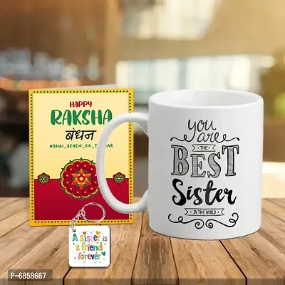 Rakhi Gift for Sister Printed Coffee Mug with Greeting Card and keychain-thumb0