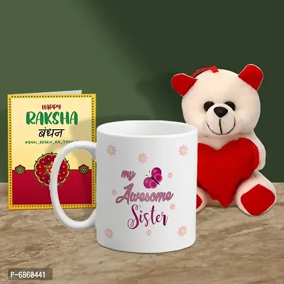 Rakhi Gift for Sister Printed Coffee Mug with Cute Little Teddy and Greeting card