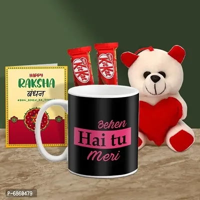 Rakhi Gift for Sister Printed Coffee Mug with Cute little teddy, 2 Chocolates, Greeting card-thumb0