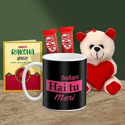 Rakhi Gift for Sister Printed Coffee Mug with Cute Little Teddy, 2 Chocolates, Greeting card