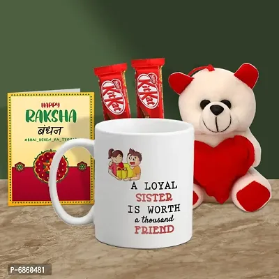 Rakhi Gift for Sister Printed Coffee Mug with Cute little teddy, 2 Chocolates, Greeting card-thumb0