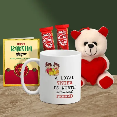 Rakhi Gift for Sister Printed Coffee Mug with Cute Little Teddy, 2 Chocolates, Greeting card