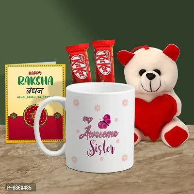 Rakhi Gift for Sister Printed Coffee Mug with Cute little teddy, 2 Chocolates, Greeting card