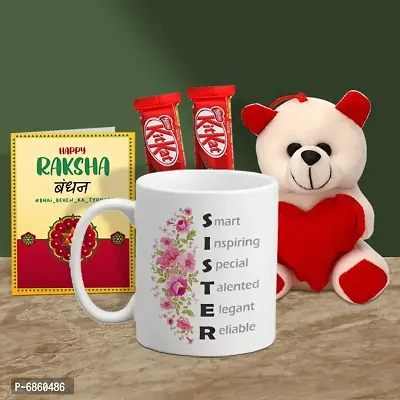 Rakhi Gift for Sister Printed Coffee Mug with Cute little teddy, 2 Chocolates, Greeting card