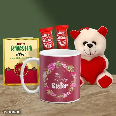 Rakhi Gift for Sister Printed Coffee Mug with Cute little teddy, 2 Chocolates, Greeting card