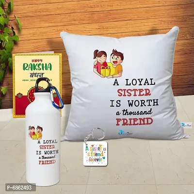 Rakhi Gift for Sister Printed Cushion Cover with Filler, Shipper Bottle, Greeting Card, Keychain-thumb0