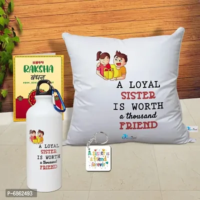 Rakhi Gift for Sister Printed Cushion Cover with Filler, Shipper Bottle, Greeting Card, Keychain