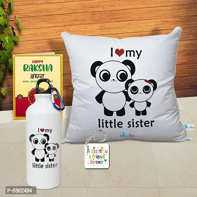 Rakhi Gift for Sister Printed Cushion Cover with Filler, Shipper Bottle, Greeting Card, Keychain