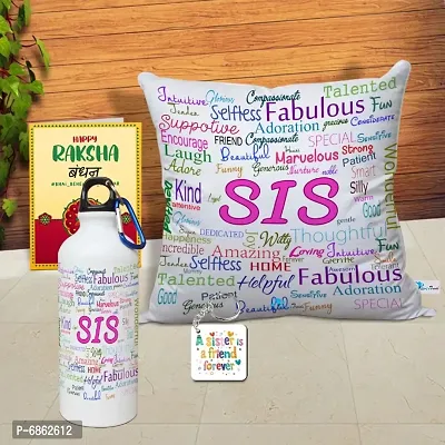 Rakhi Gift for Sister Printed Cushion Cover with Filler, Shipper Bottle, Greeting Card, Keychain