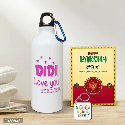 Rakhi Gift for Sister Printed Shipper bottle with Keychain, Greeting Card