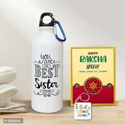 Rakhi Gift for Sister Printed Shipper bottle with Keychain, Greeting Card