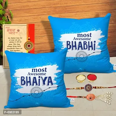 Rakhi Gift for Bhaiya Bhabhi 2 Printed Cushion Cover with Filler, 2 Rakhi, Greeting Card, Roli, chawal-thumb0