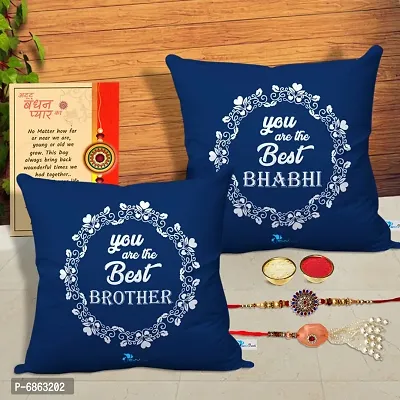 Rakhi Gift for Bhaiya Bhabhi 2 Printed Cushion Cover with Filler, 2 Rakhi, Greeting Card, Roli, chawal