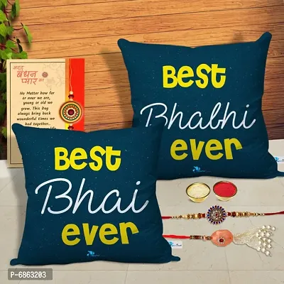 Rakhi Gift for Bhaiya Bhabhi 2 Printed Cushion Cover with Filler, 2 Rakhi, Greeting Card, Roli, chawal