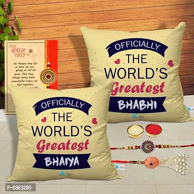 Rakhi Gift for Bhaiya Bhabhi 2 Printed Cushion Cover with Filler, 2 Rakhi, Greeting Card, Roli, chawal