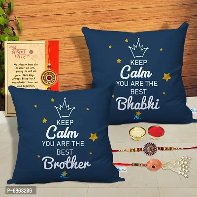 Rakhi Gift for Bhaiya Bhabhi 2 Printed Cushion Cover with Filler, 2 Rakhi, Greeting Card, Roli, chawal