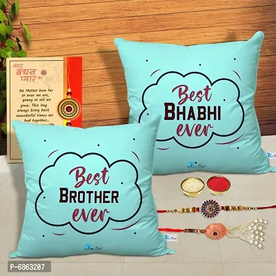 Rakhi Gift for Bhaiya Bhabhi 2 Printed Cushion Cover with Filler, 2 Rakhi, Greeting Card, Roli, chawal