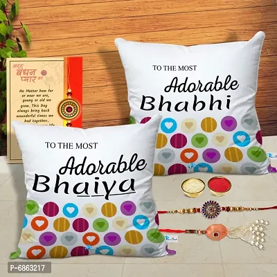 Rakhi Gift for Bhaiya Bhabhi 2 Printed Cushion Cover with Filler, 2 Rakhi, Greeting Card, Roli, chawal-thumb0