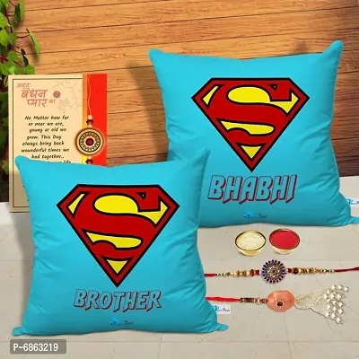 Rakhi Gift for Bhaiya Bhabhi 2 Printed Cushion Cover with Filler, 2 Rakhi, Greeting Card, Roli, chawal